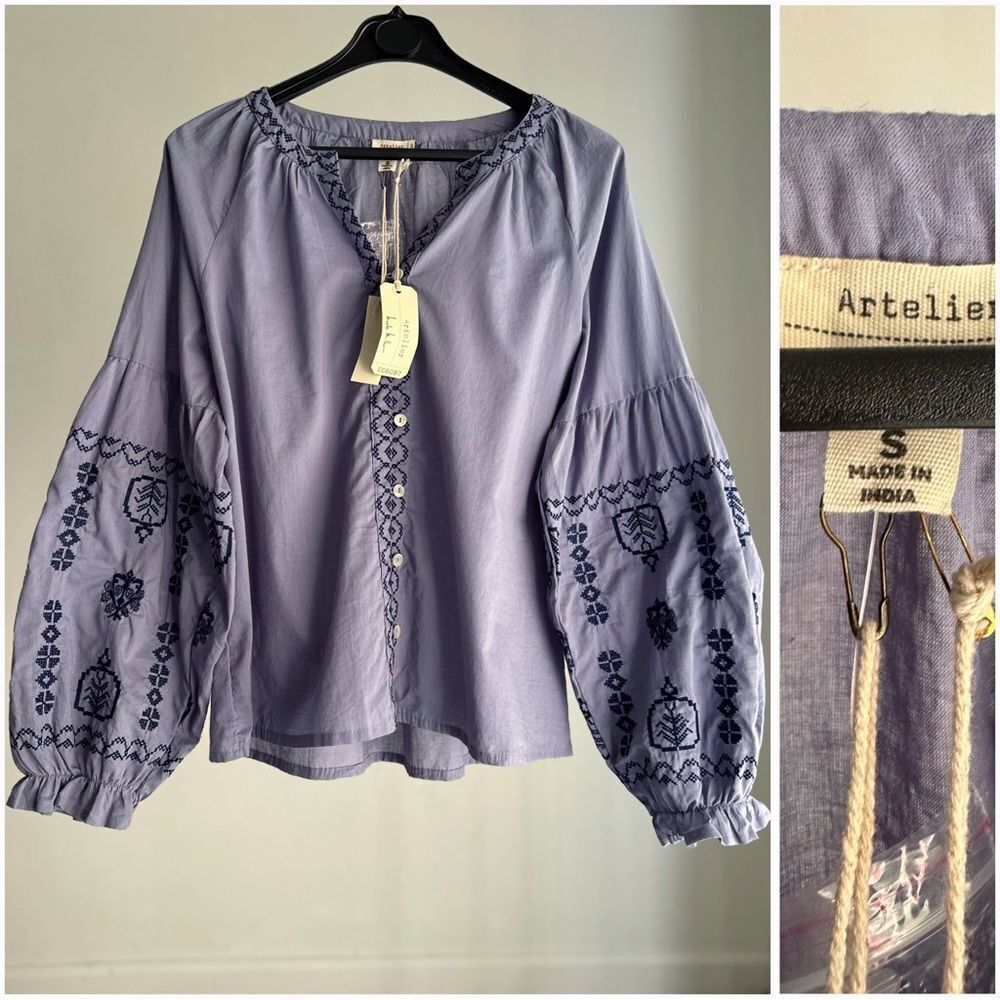 Nicole Miller Womens Vintage Blue Embroidered Top Blouse Boho Hippy Small